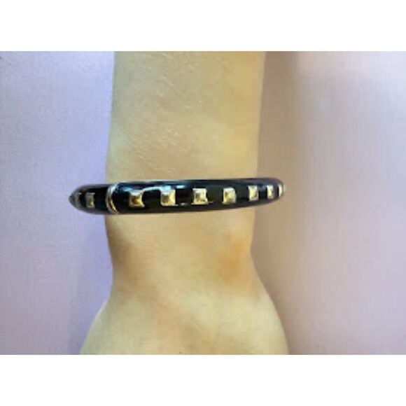 Black Enamel & Raised Silver Squares Hinged Cuff Bracelet - Picture 1 of 4